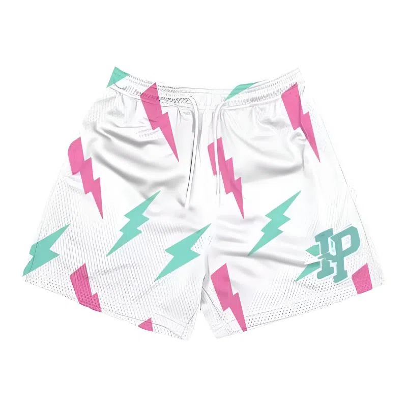 泡泡陷阱 美式高街闪电字母印花网眼痞帅日常户外运动透气凉感速干沙滩裤休闲宽松舒适百搭直筒松紧腰短裤三分篮球裤 男女同款