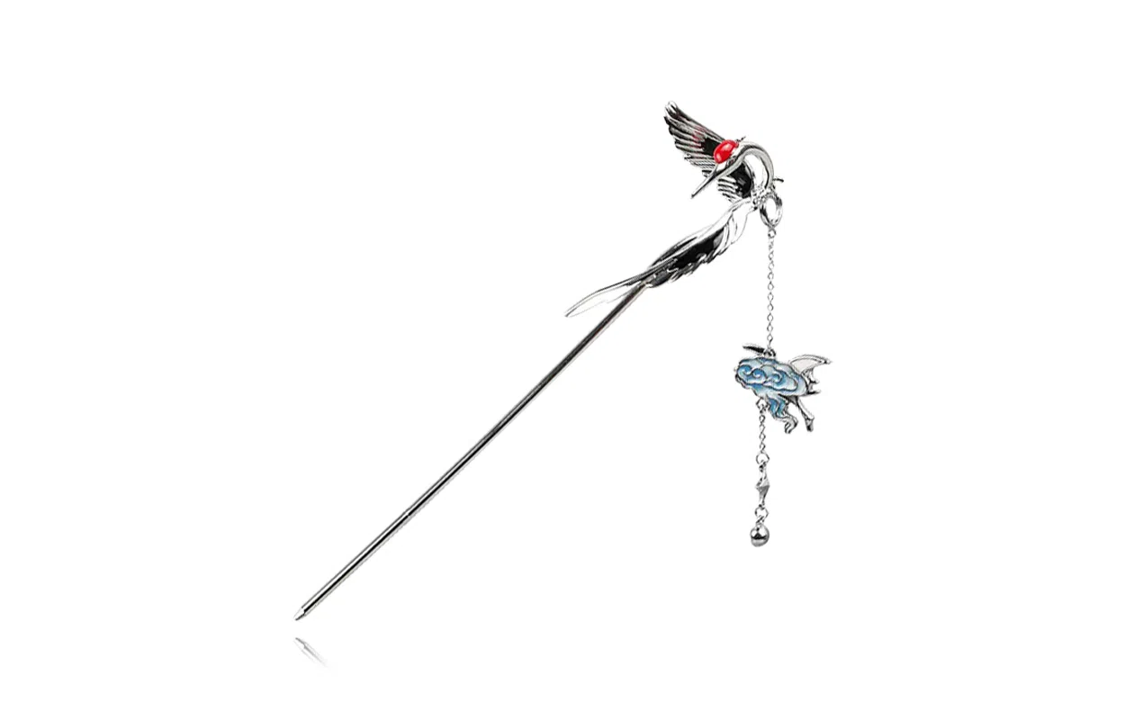 牧言 国潮复古新中式简约小众设计高级感 光面立体展翅高飞双流苏祥云不对称链条汉服旗袍簪子 仙鹤发簪 女款