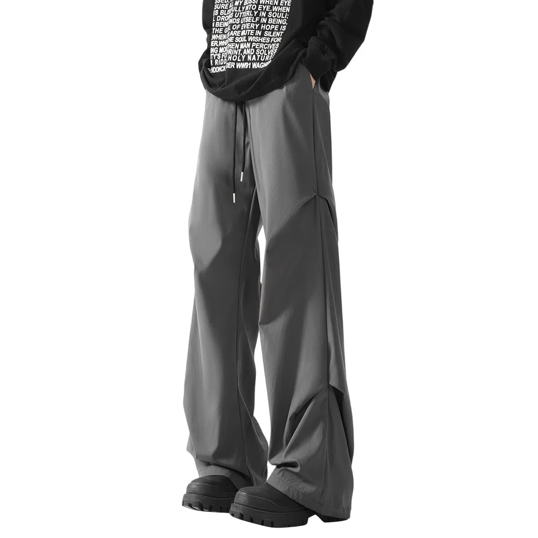 顶峰保罗 美式冰丝褶皱工装直筒无性别主义户外登山骑行运动健身阔腿伞兵解构设计长裤弹力抽绳显高百搭宽松大码高街潮牌休闲裤 男女同款