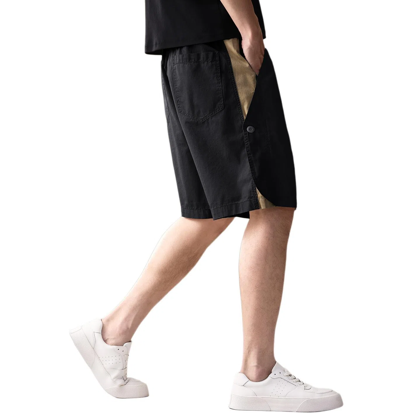 贵色 夏季 时尚高端轻奢撞色拼接侧边纽扣设计感休闲男士潮牌美式复古高街痞帅日常出行穿搭宽松五分裤工装短裤 直筒松紧腰 男女同款