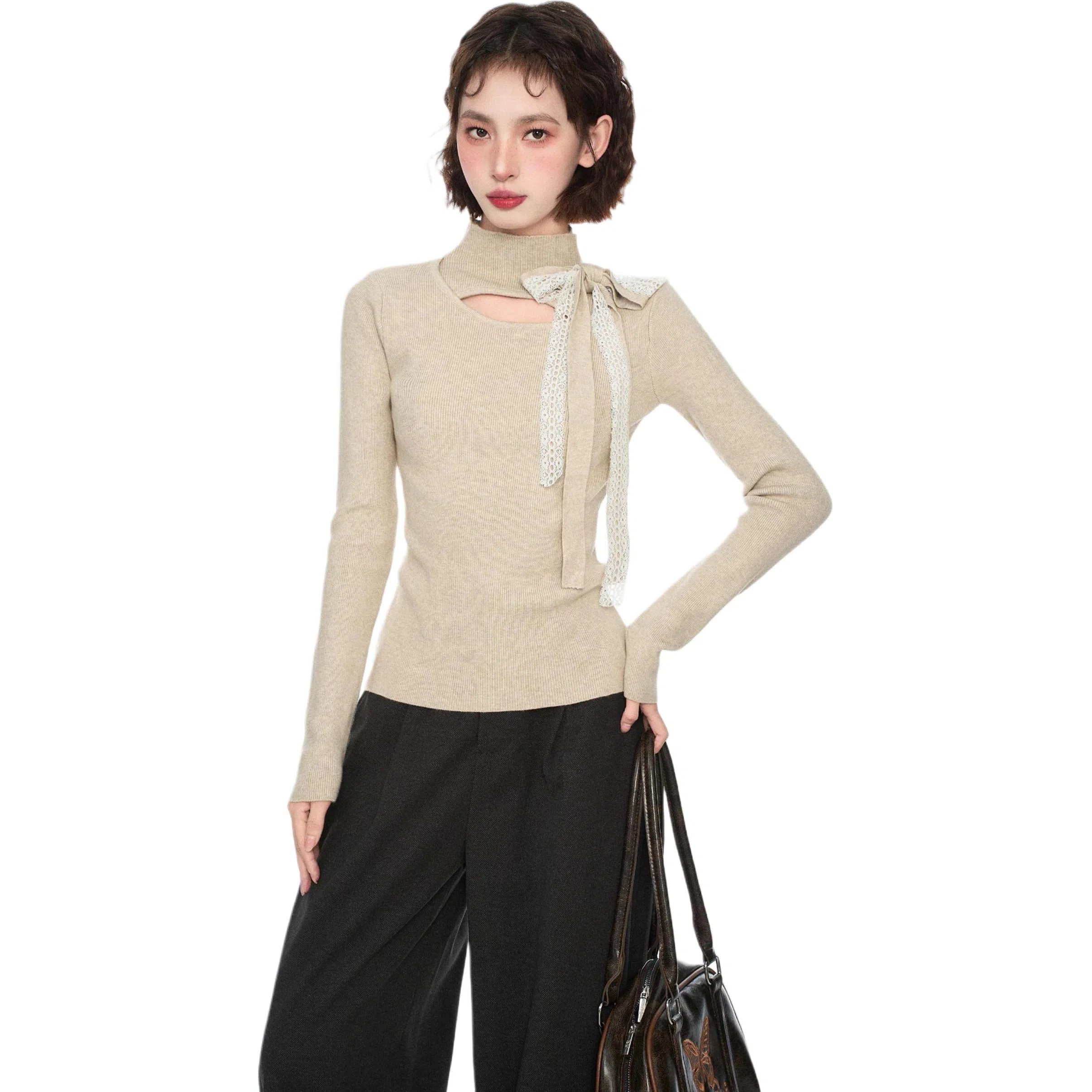 柏黛妃 清新简约百搭清新时尚短款修身长袖针织衫 女款