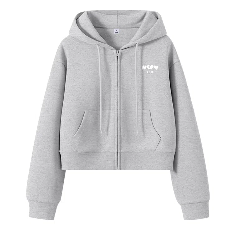 棉致 猫咪简约休闲学院风舒适通勤百搭柔软短款宽松落肩挺括抗皱拉链开衫贴袋连帽卫衣 女款