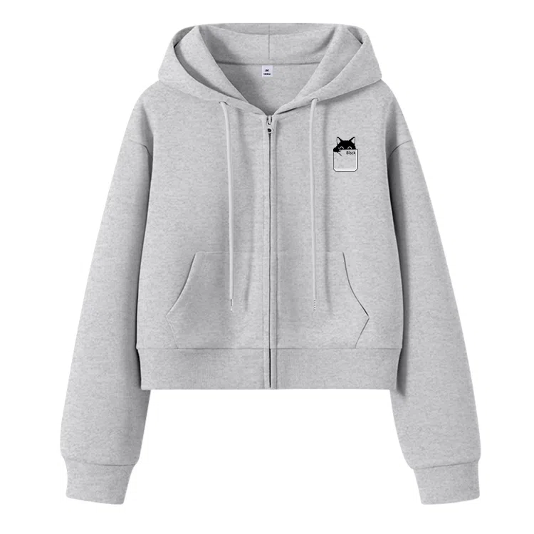 棉致 口袋猫简约休闲学院风舒适通勤百搭柔软短款宽松落肩挺括抗皱拉链开衫贴袋连帽卫衣 女款