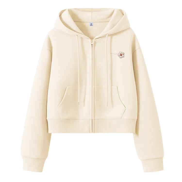 棉致 毛绒花朵简约休闲学院风舒适通勤百搭柔软短款宽松落肩挺括抗皱拉链开衫贴袋连帽卫衣 女款