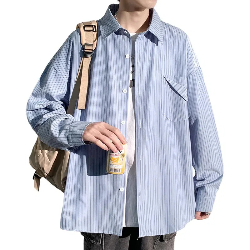 佐菲利 美式复古港风条纹长袖衬衣宽松百搭休闲薄款外套衬衫 男女同款