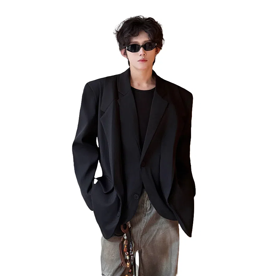 韩系轻熟风自带垫肩双层假两件潮流百搭西服外套西装 男女同款