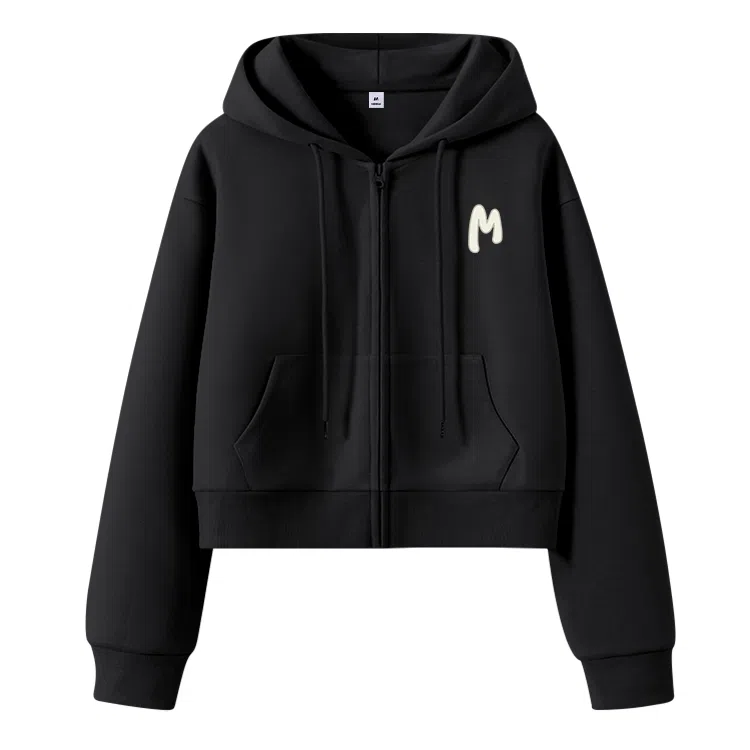 棉致 简约字母休闲学院风舒适通勤百搭柔软短款宽松落肩挺括抗皱拉链开衫贴袋连帽卫衣 女款