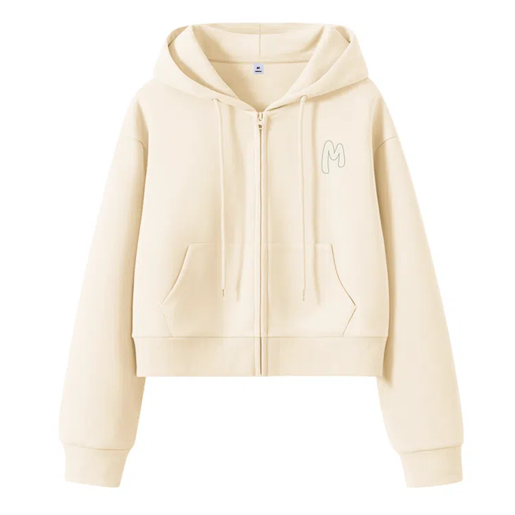 棉致 简约字母休闲学院风舒适通勤百搭柔软短款宽松落肩挺括抗皱拉链开衫贴袋连帽卫衣 女款