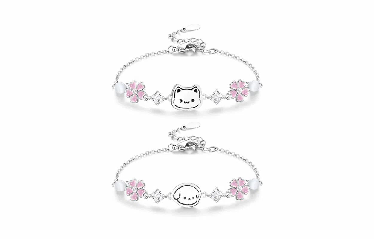 牧言 幸运草小猫 萌趣可爱贴贴小众浪漫高级感 甜美百搭猫咪小狗日记粉色爱心四叶草招财猫闪锆闺蜜女友手饰 好运 琉璃 玉石手链 女款