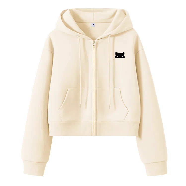 棉致 躲藏猫简约休闲学院风舒适通勤百搭柔软短款宽松落肩挺括抗皱拉链开衫贴袋连帽卫衣 女款