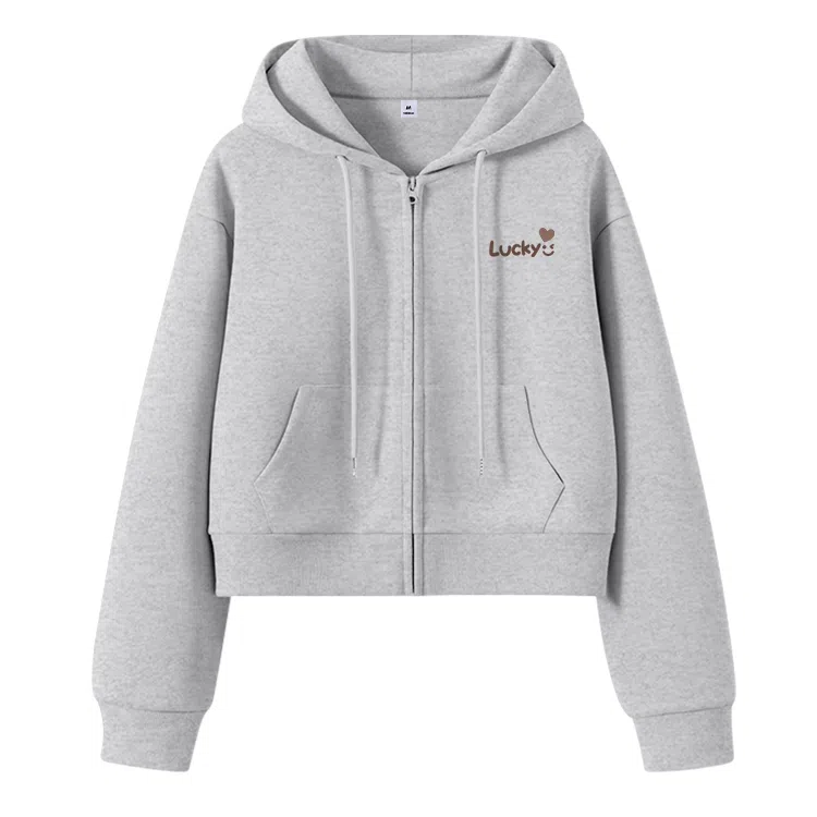 棉致 幸运笑脸简约休闲学院风舒适通勤百搭柔软短款宽松落肩挺括抗皱拉链开衫贴袋连帽卫衣 女款