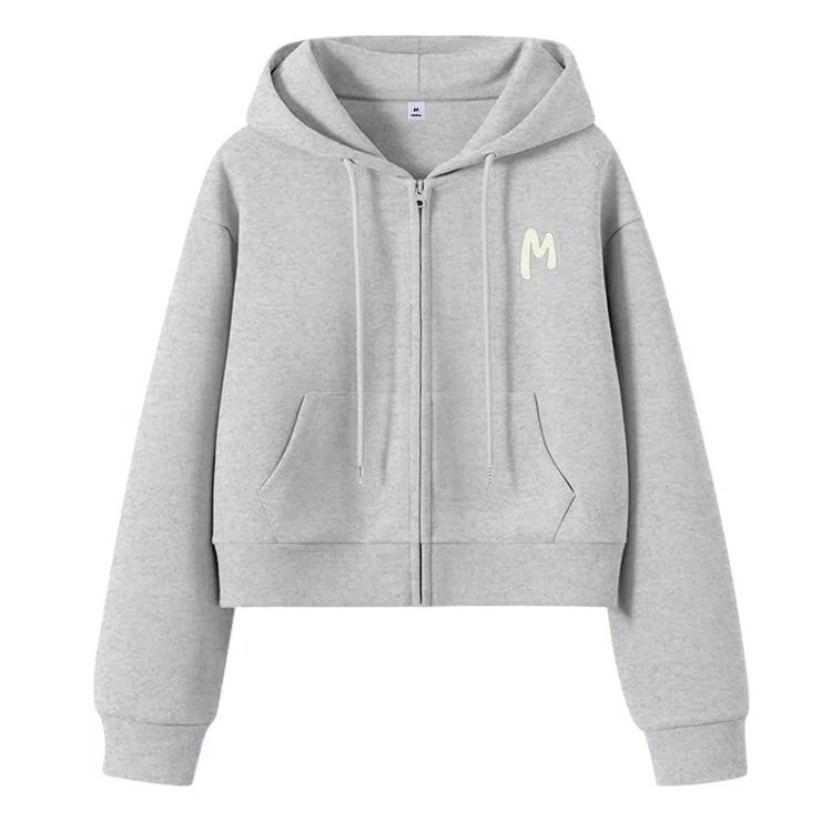 棉致 简约字母休闲学院风舒适通勤百搭柔软短款宽松落肩挺括抗皱拉链开衫贴袋连帽卫衣 女款