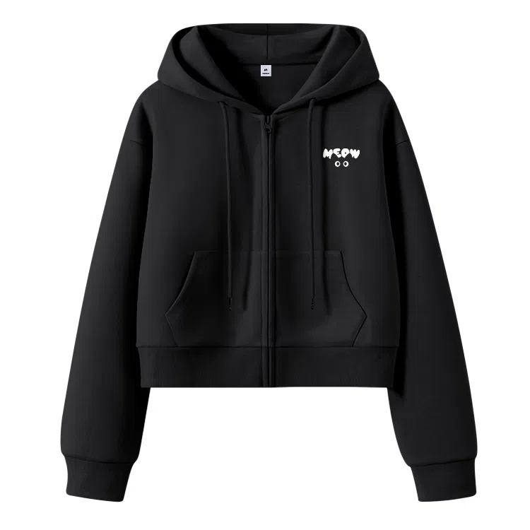 棉致 猫咪简约休闲学院风舒适通勤百搭柔软短款宽松落肩挺括抗皱拉链开衫贴袋连帽卫衣 女款