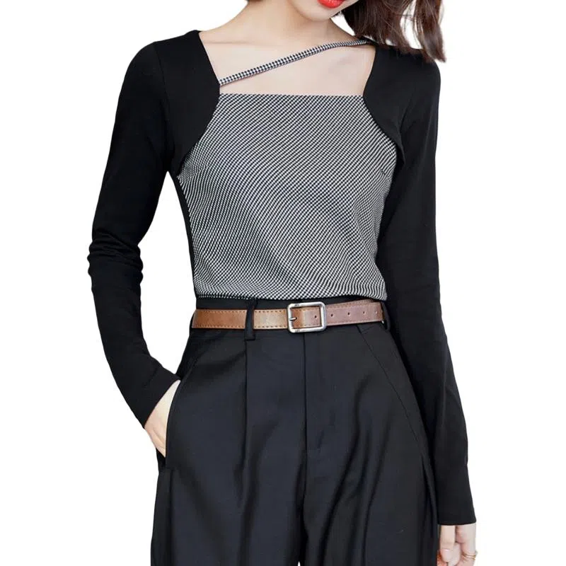 兰缪 时尚设计感甜酷辣妹内搭短款长袖方领上衣小众修身百搭针织衫 女款