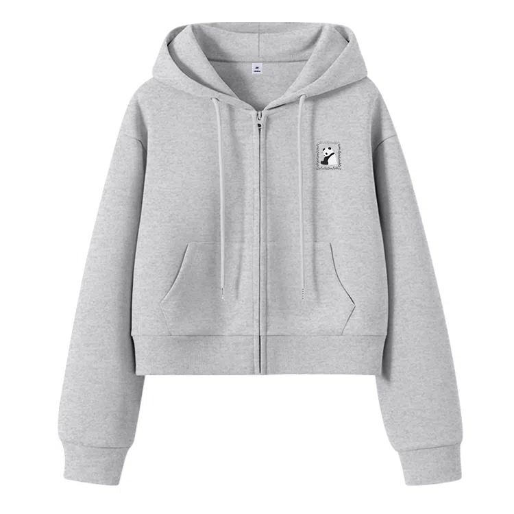 棉致 毛绒熊猫简约休闲学院风舒适通勤百搭柔软短款宽松落肩挺括抗皱拉链开衫贴袋连帽卫衣 女款