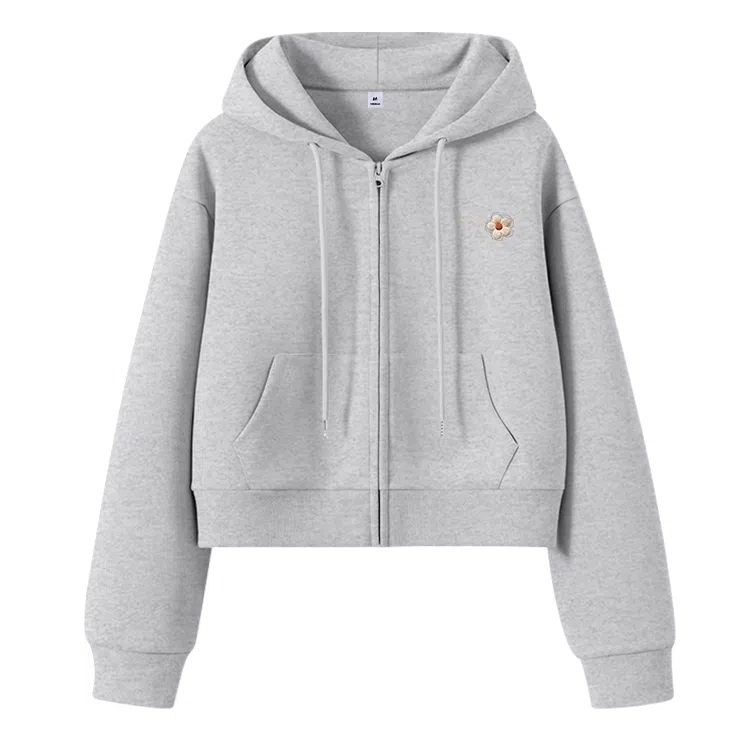 棉致 毛绒花朵简约休闲学院风舒适通勤百搭柔软短款宽松落肩挺括抗皱拉链开衫贴袋连帽卫衣 女款