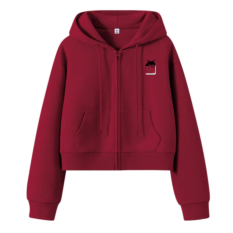 棉致 口袋猫简约休闲学院风舒适通勤百搭柔软短款宽松落肩挺括抗皱拉链开衫贴袋连帽卫衣 女款