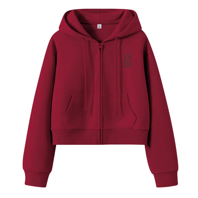 棉致 跳步熊简约休闲学院风舒适通勤百搭柔软短款宽松落肩挺括抗皱拉链开衫贴袋连帽卫衣 女款