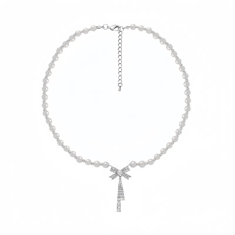 阿葱饰品 珍珠蝴蝶结 法式甜美优雅可爱 精致轻奢小众设计时尚百搭显白锁骨链高级感#好运 合金 项链 女款