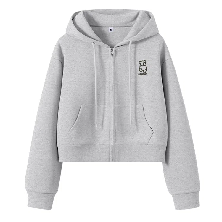 棉致 跳步熊简约休闲学院风舒适通勤百搭柔软短款宽松落肩挺括抗皱拉链开衫贴袋连帽卫衣 女款