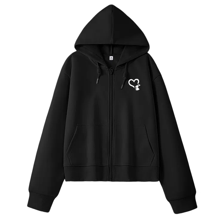 棉致 爱心白兔简约休闲学院风舒适通勤百搭柔软短款宽松落肩挺括抗皱拉链开衫贴袋连帽卫衣 女款