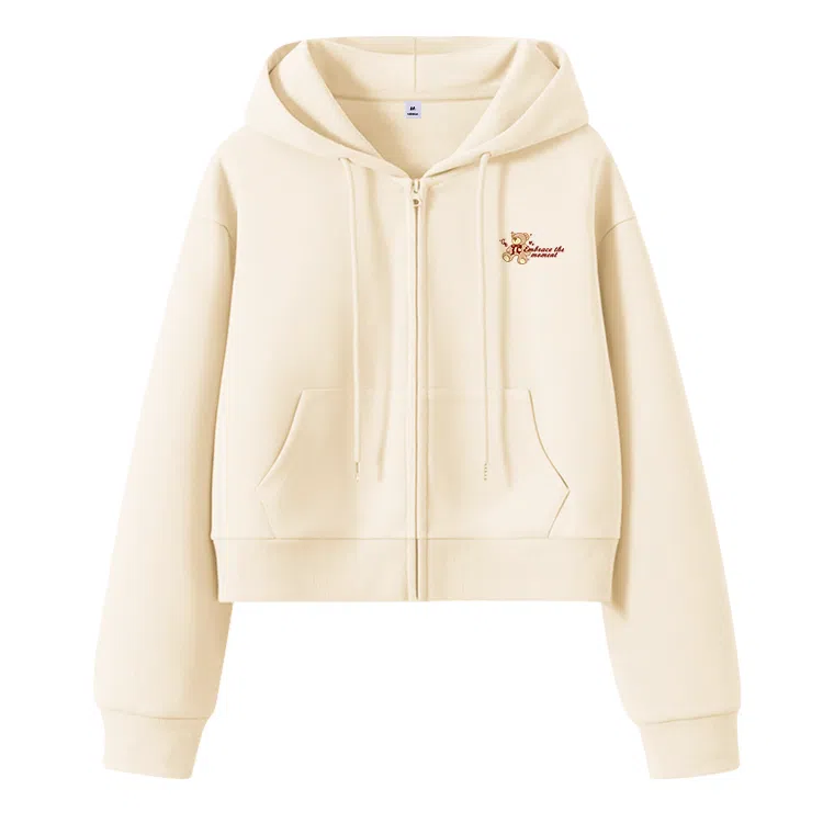 棉致 玩偶小熊简约休闲学院风舒适通勤百搭柔软短款宽松落肩挺括抗皱拉链开衫贴袋连帽卫衣 女款