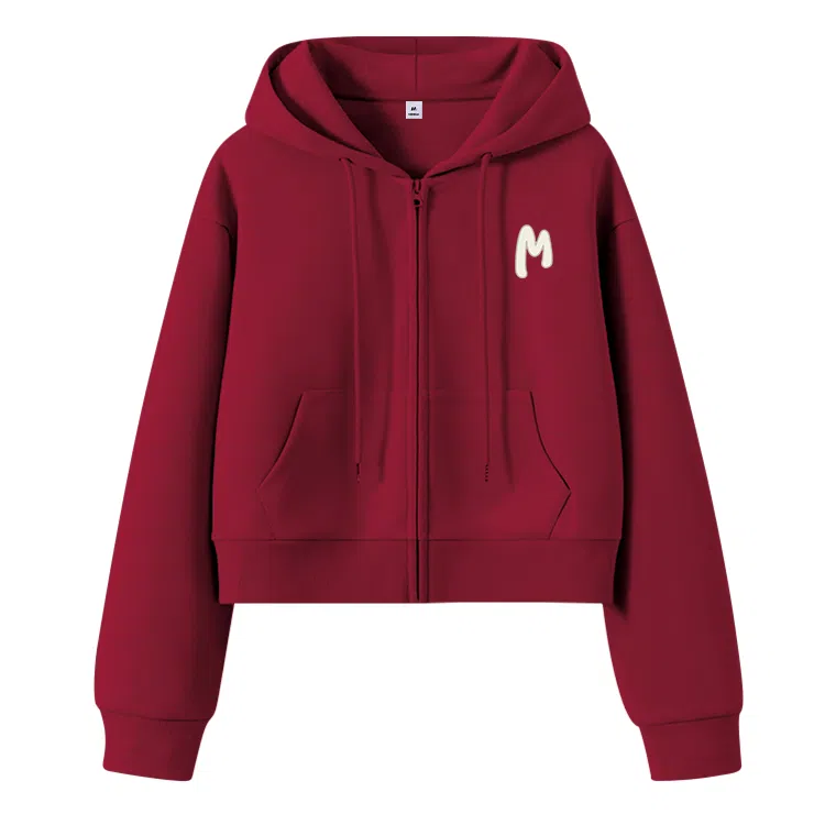 棉致 简约字母休闲学院风舒适通勤百搭柔软短款宽松落肩挺括抗皱拉链开衫贴袋连帽卫衣 女款