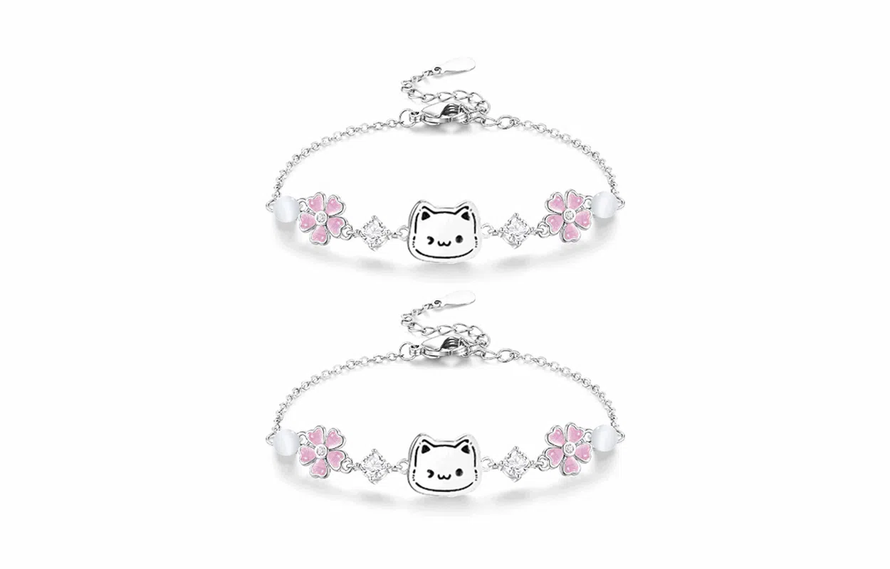 牧言 幸运草小猫 萌趣可爱贴贴小众浪漫高级感 甜美百搭猫咪小狗日记粉色爱心四叶草招财猫闪锆闺蜜女友手饰 好运 琉璃 玉石手链 女款