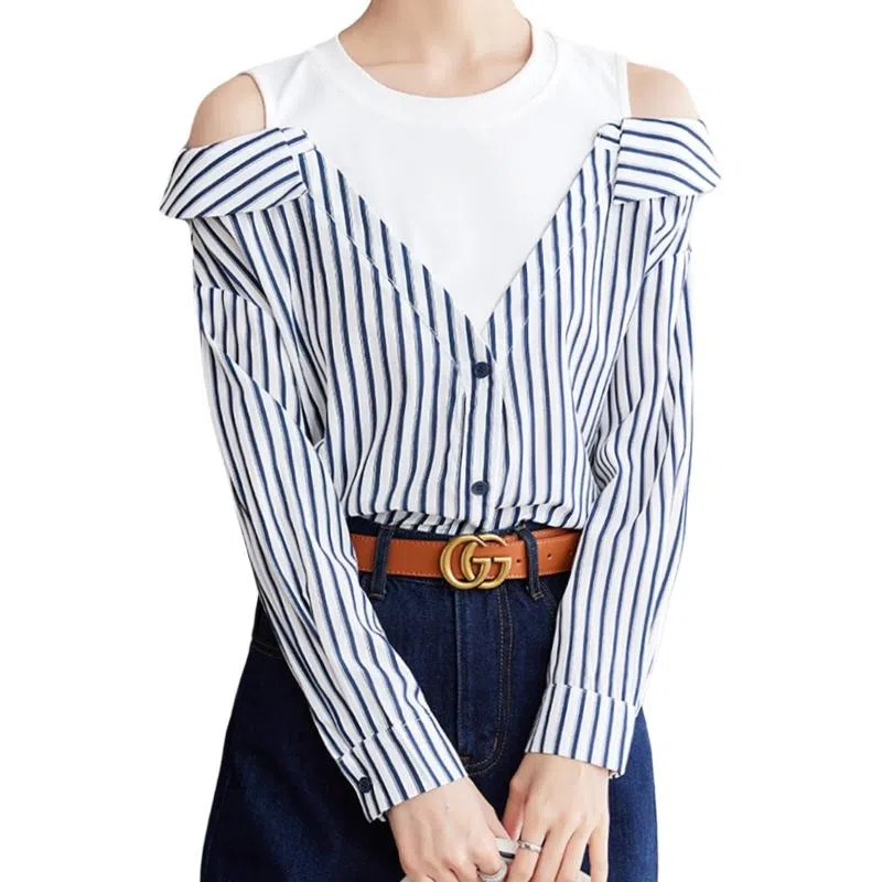 兰缪 时尚露肩设计假两件拼接宽松长袖上衣春夏秋条纹日常通勤百搭衬衫 女款