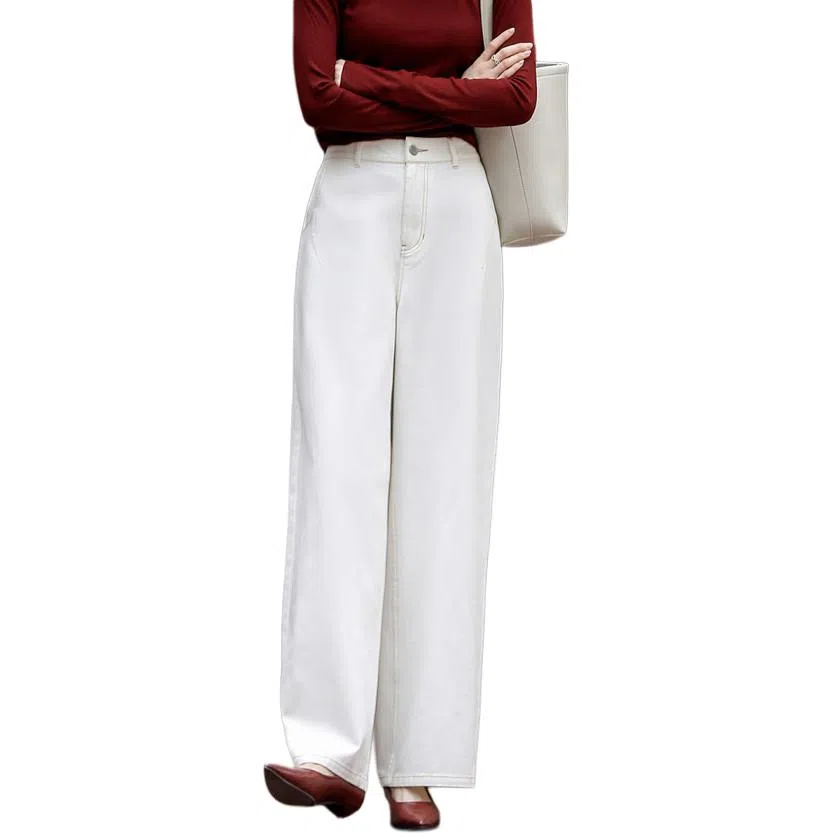 【dme】 秋季简约气质高腰撞色辑线直筒显瘦阔腿宽松香蕉裤牛仔裤 女款