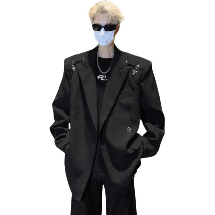 美式高街小众解构金属飞机扣垫肩痞帅休闲高级感纯色宽松百搭外套西装 男女同款