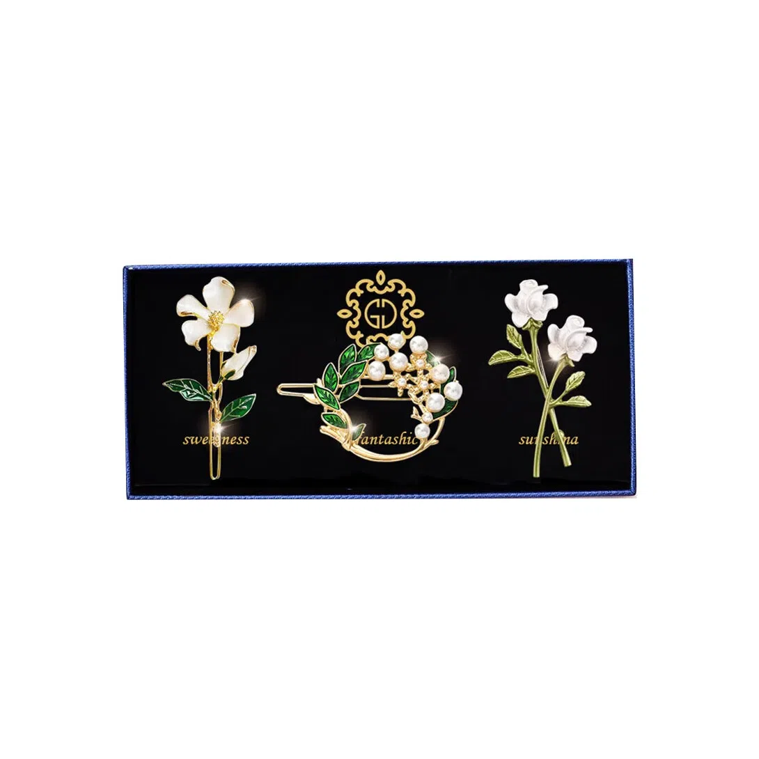 妖娆猫 小清新森系复古甜美珍珠刘海夹礼盒优雅时尚造型感气质金属发饰日常通勤三件套 合金 发夹 女款