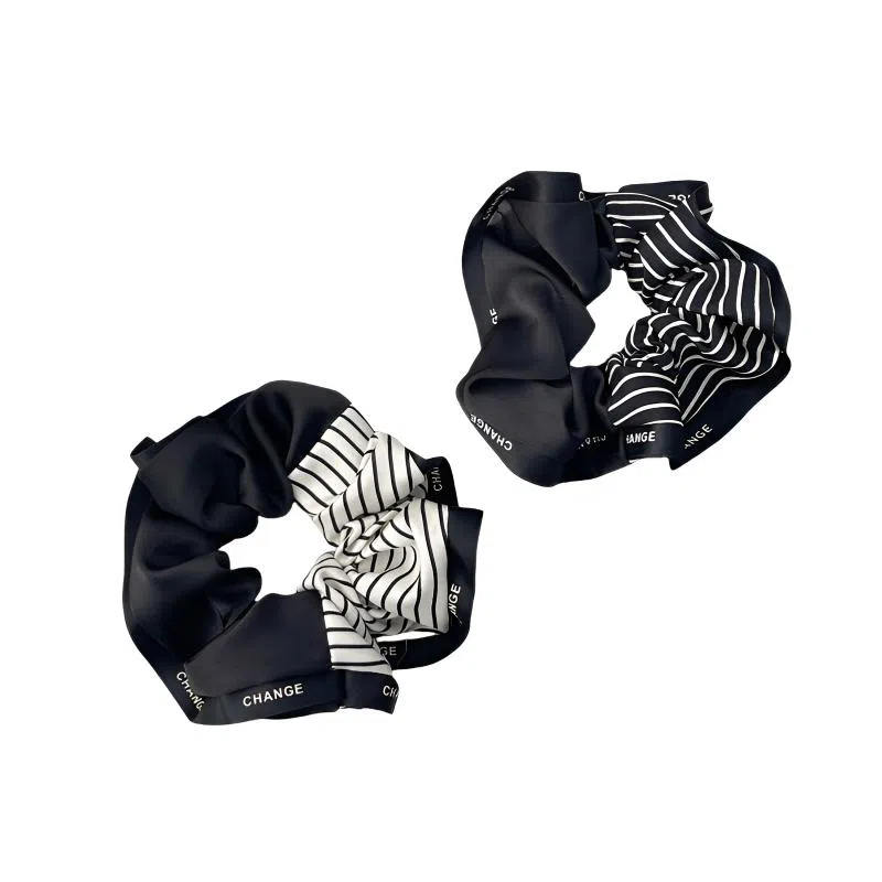 丹琴 韩版黑色拼接条纹大肠圈高级感气质百搭扎马尾发绳法式头绳 布艺 发圈 女款