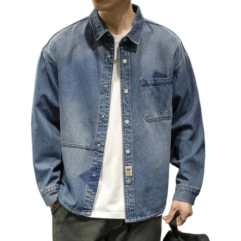 路杰邦 牛仔外套男秋季潮牌宽松时尚开衫工装翻领长袖夹克衣服衬衫 男款