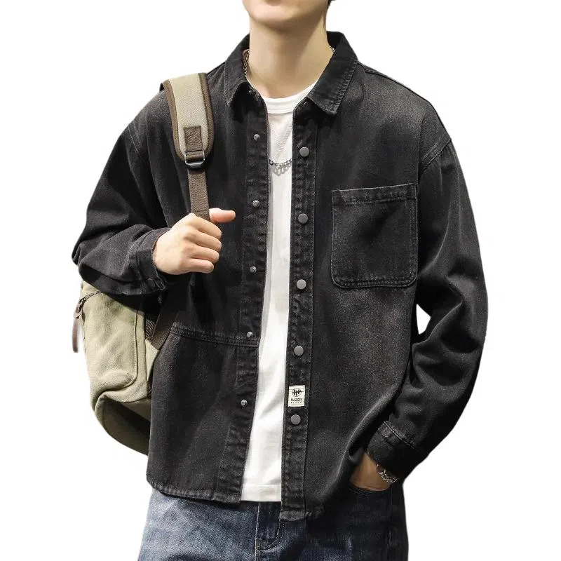 路杰邦 牛仔外套男秋季潮牌宽松时尚开衫工装翻领长袖夹克衣服衬衫 男款