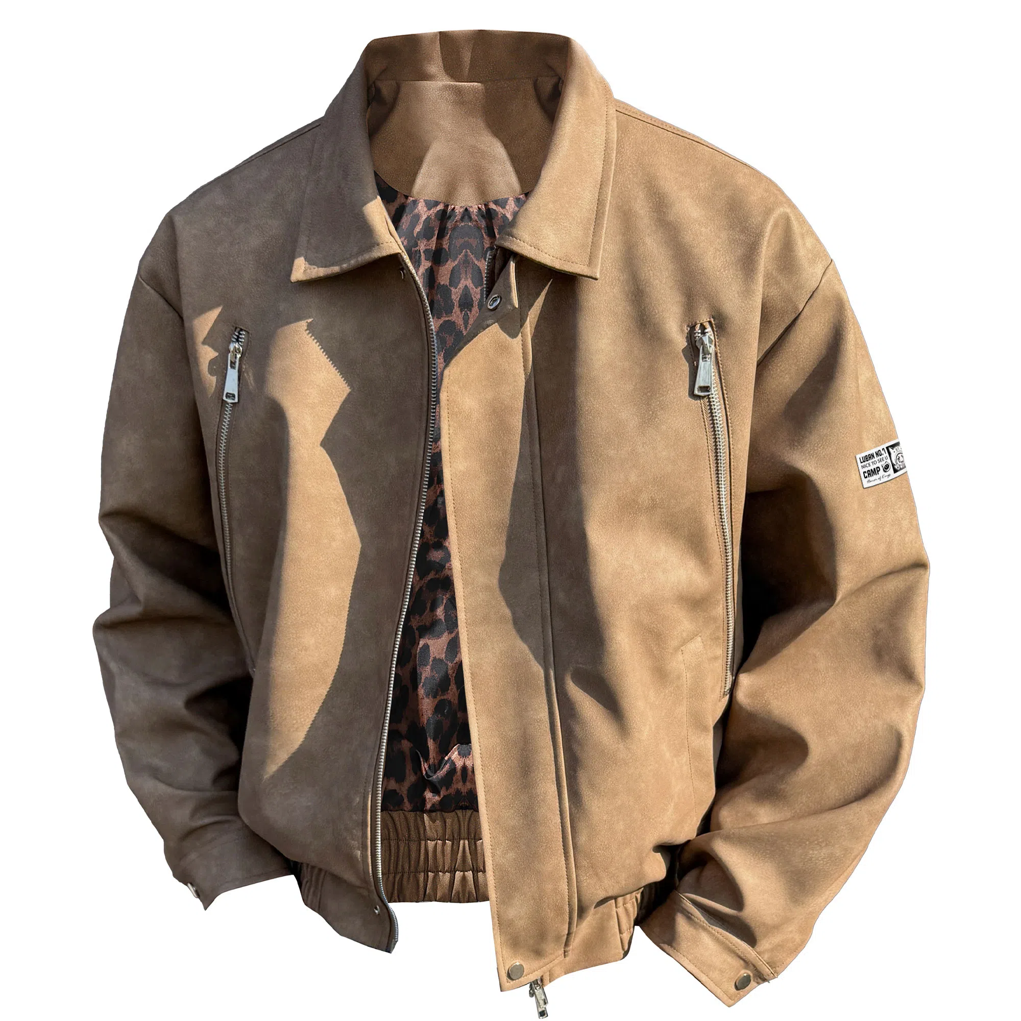 王者荣耀 鲁班七号款 港风复古简约纯色两侧双拉链小众设计宽松翻领百搭休闲长袖开衫皮衣 男女同款