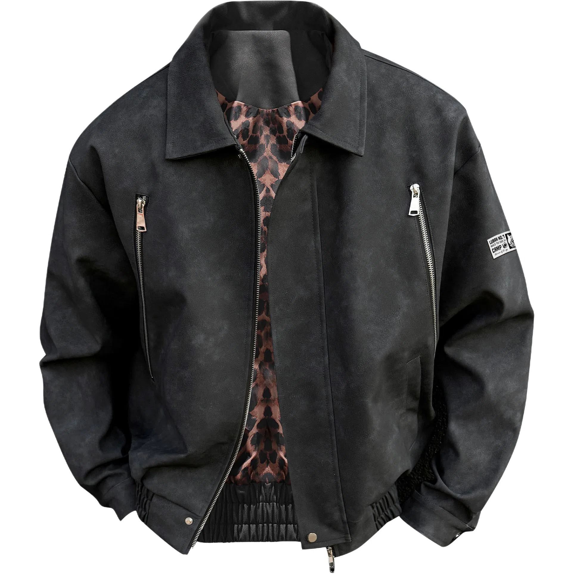 王者荣耀 鲁班七号款 港风复古简约纯色两侧双拉链小众设计宽松翻领百搭休闲长袖开衫皮衣 男女同款