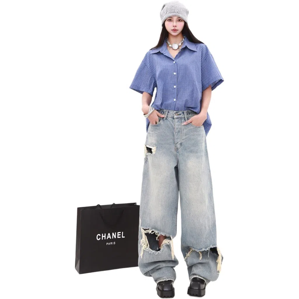 柏黛妃 慵懒设计感复古宽松阔腿牛仔裤 女款