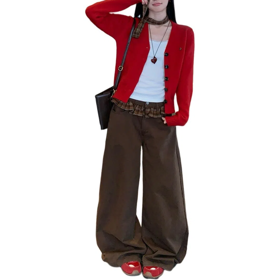 柏黛妃 美拉德双腰头蝴蝶女设计感直筒宽松牛仔裤 女款