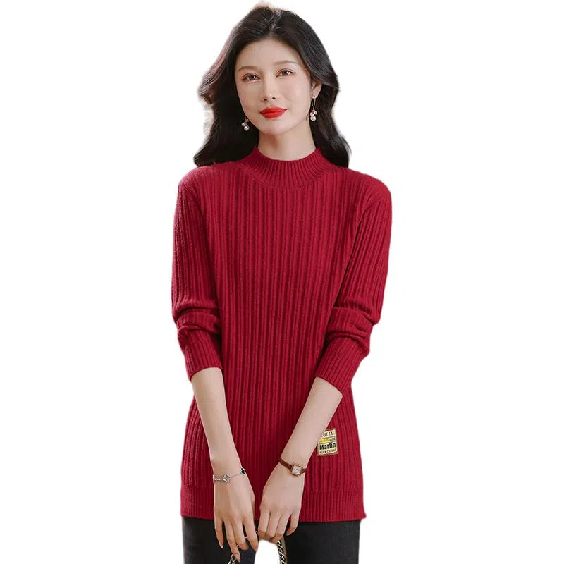 恒源祥 修身显瘦半高领纯色质感中长款长袖针织衫 女款