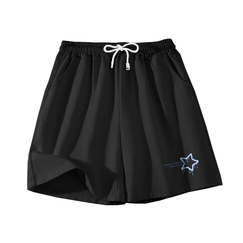 棉致 时尚简约个性星星涂鸦系带弹性舒适吸湿透气纯棉轻薄宽松基础通勤五分休闲短裤 女款