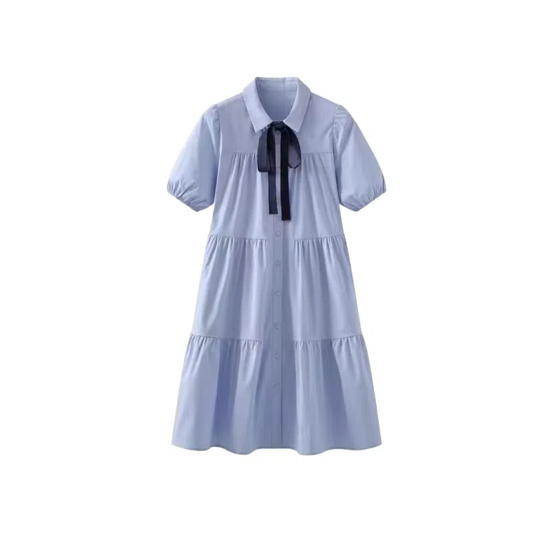望莱仕 宽松纯色蝴蝶结装饰简约短袖连衣裙 女款