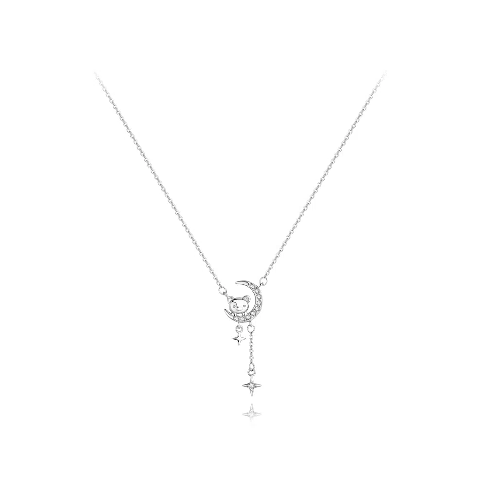 【纯银999】 六桂福珠宝 月亮小熊 小众设计经典百搭学生日常简约高级感精致轻奢极简通勤温柔气质可调节锁骨链 足银 项链 女款