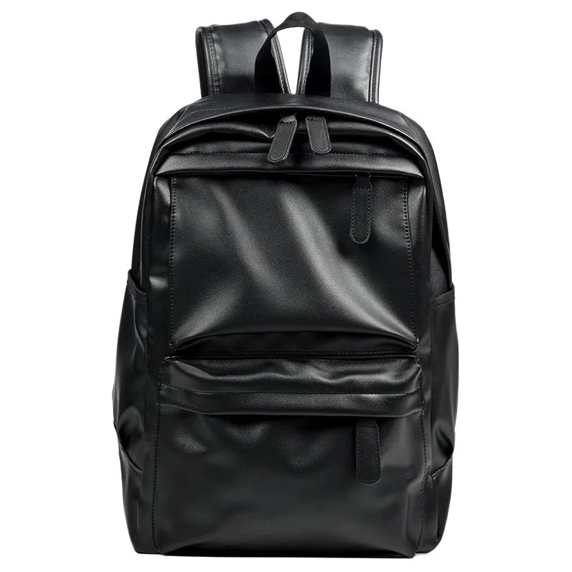 老人头 商务潮流轻便出行大容量通勤包简约百搭背包 合成革 双肩包 男款 黑色