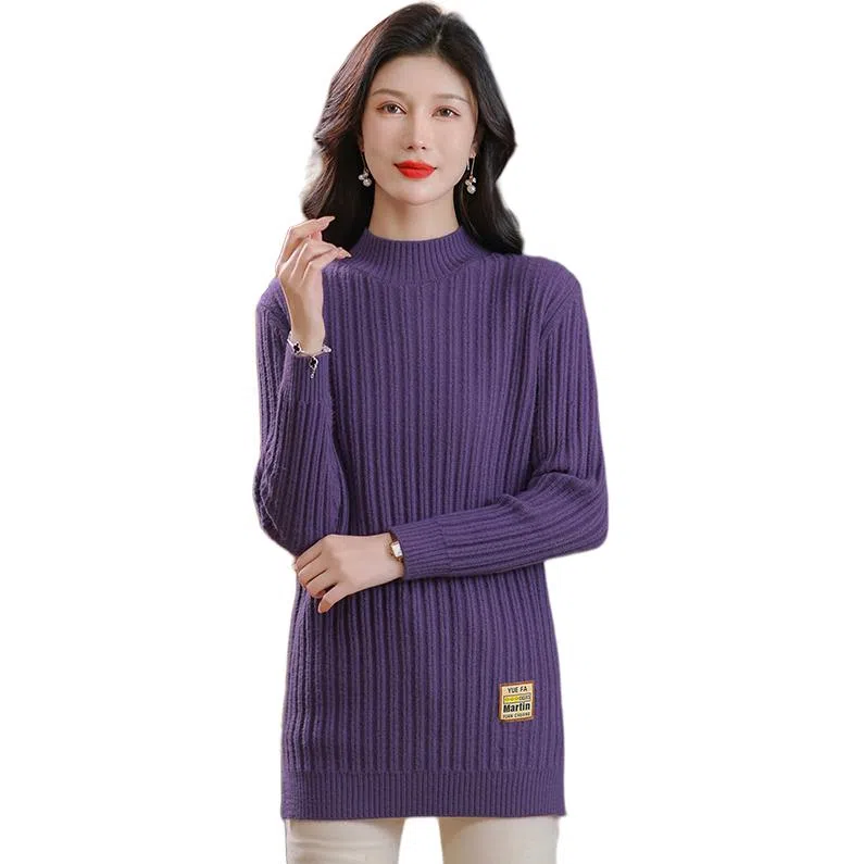 恒源祥 修身显瘦半高领纯色质感中长款长袖针织衫 女款