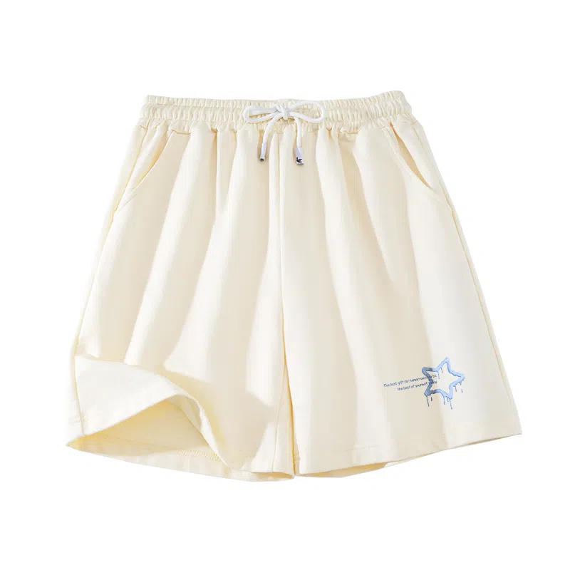 棉致 时尚简约个性星星涂鸦系带弹性舒适吸湿透气纯棉轻薄宽松基础通勤五分休闲短裤 女款