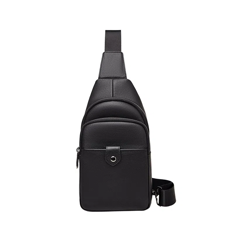老人头 时尚简约商务轻便通勤斜挎包 头层牛皮 胸包 男款 黑色