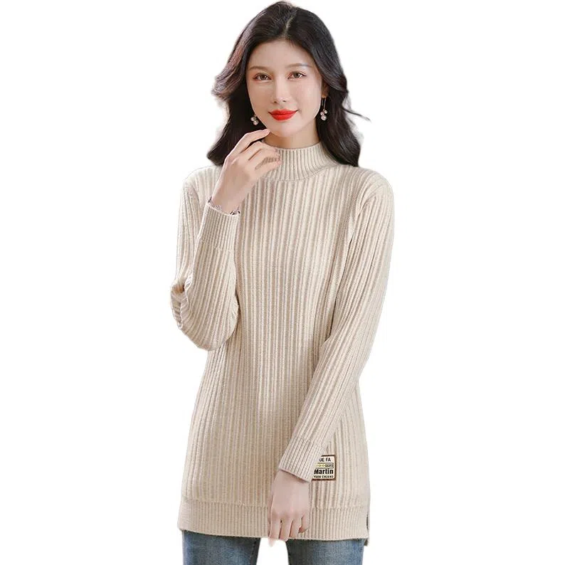 恒源祥 修身显瘦半高领纯色质感中长款长袖针织衫 女款