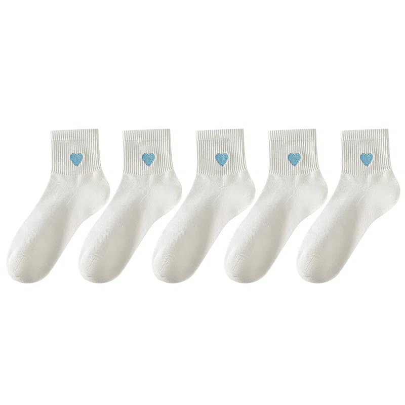 兰缪 春夏季薄款透气短袜子女士可爱爱心刺绣柔软亲肤百搭中筒袜 女款 礼袋五双装