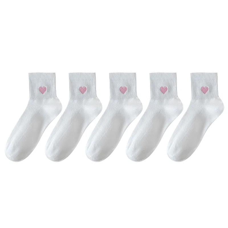 兰缪 春夏季薄款透气短袜子女士可爱爱心刺绣柔软亲肤百搭中筒袜 女款 礼袋五双装